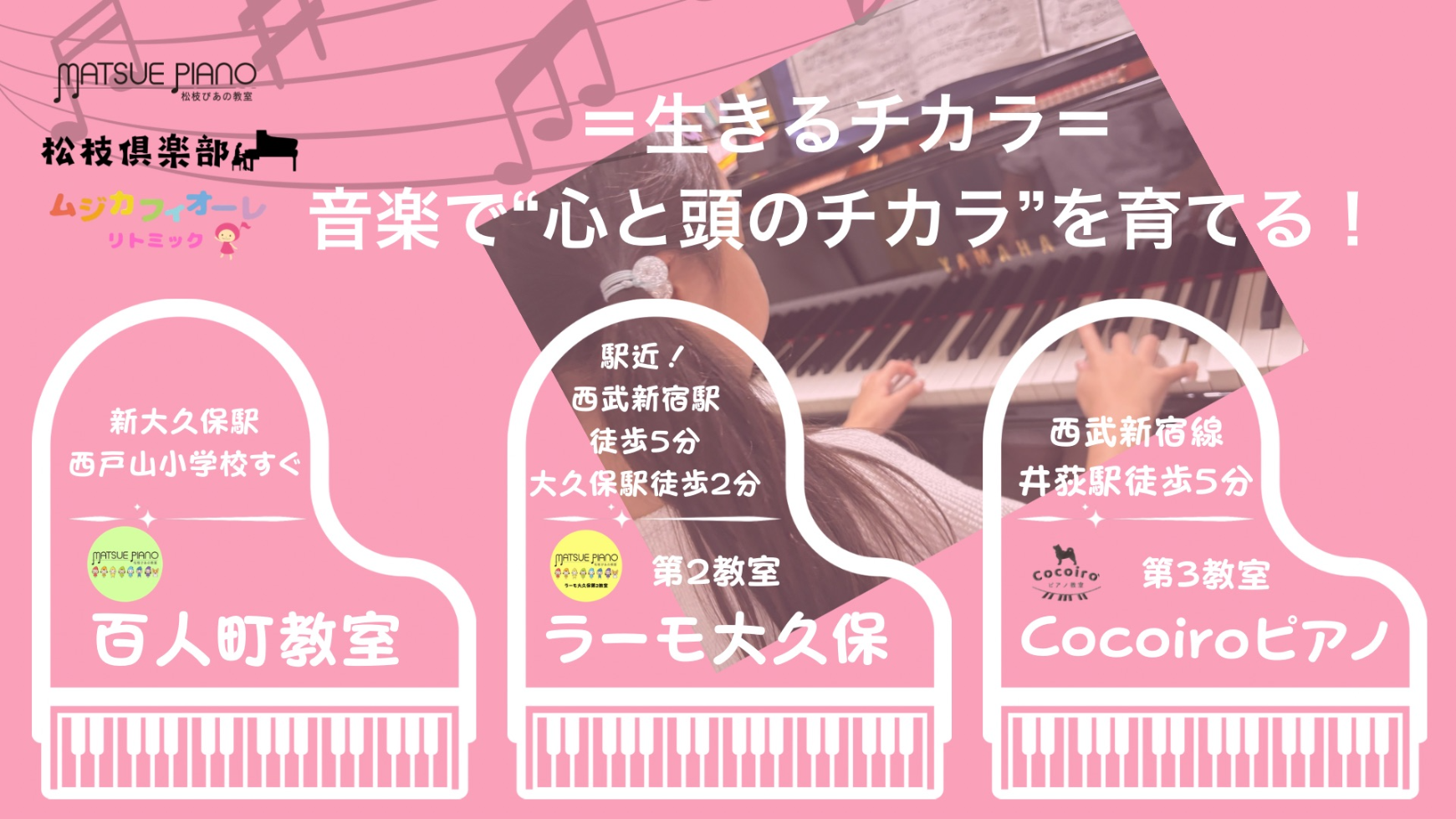 松枝ぴあの教室　年齢別の３つのカテゴリー
０〜３歳のムジカフィオーレ　２歳〜中学生の松枝ぴあの教室
高校生〜成人の松枝倶楽部